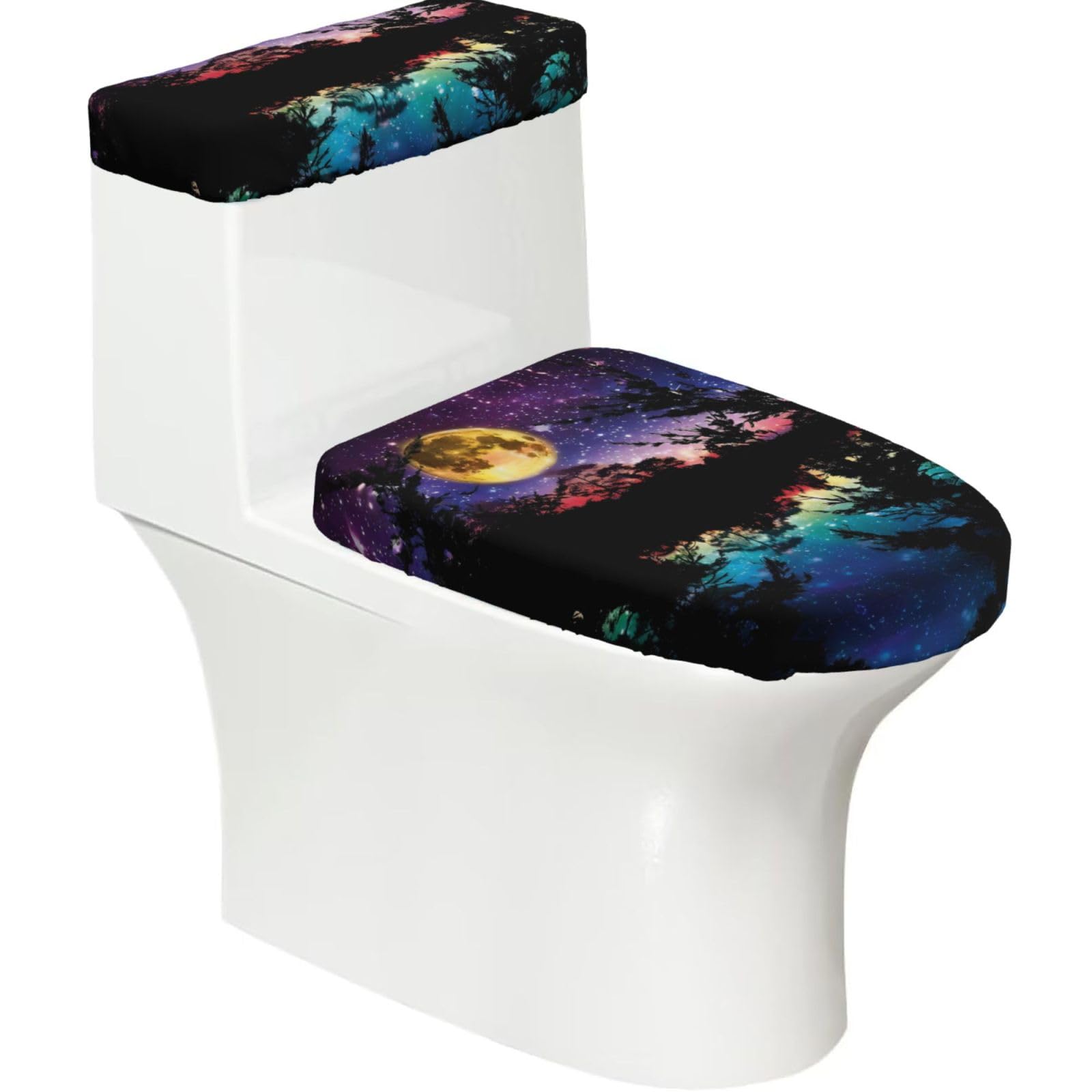 Wzycwb Black Night Sky With Trees 2-Piece Toilet Seat Cover Set With Tank Lid, Elastic Fit For U-Shape & Elongated Toilets, Bathroom Decor, Housewarming Gift