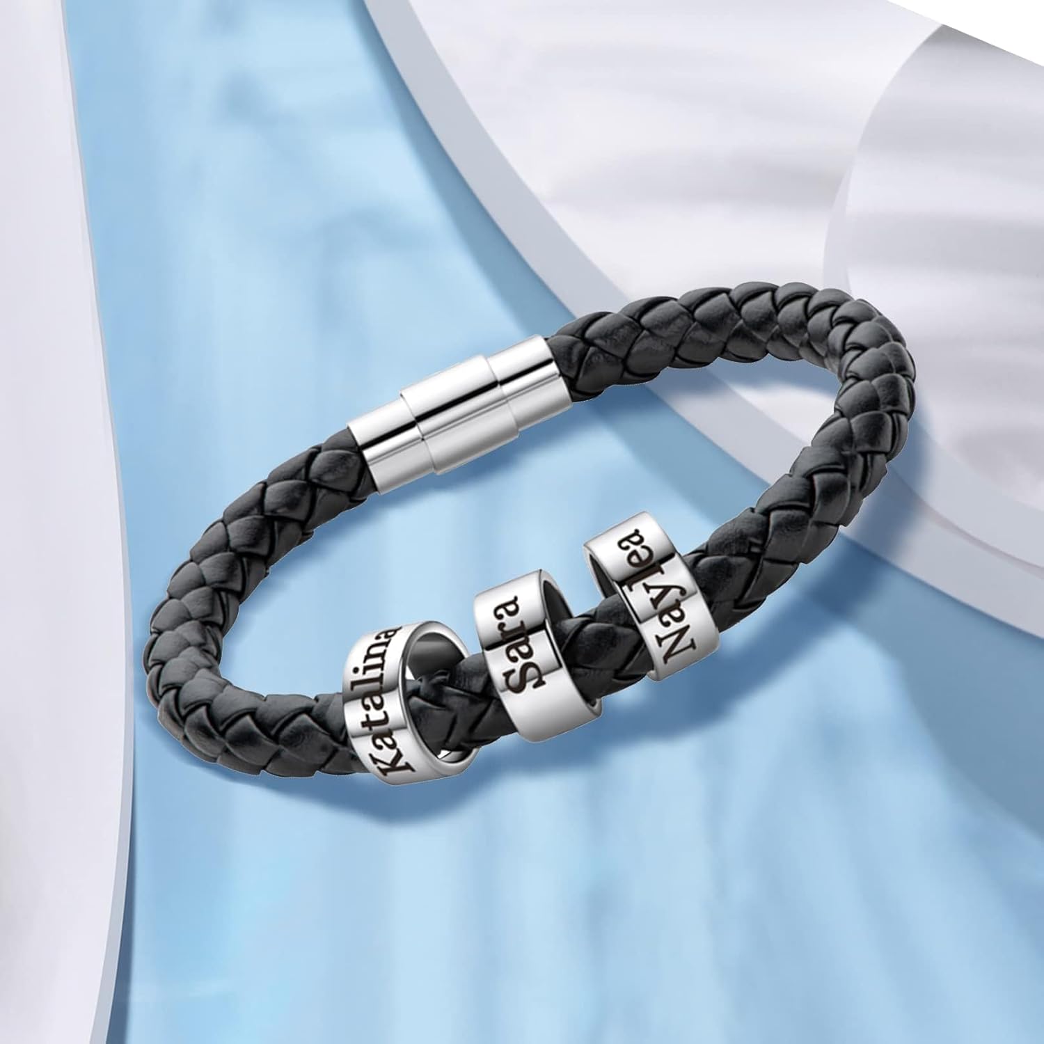 Mens Leather Bracelets Personalized Black Braid Leather Bracelets with 1-6 Custom Names Beads Engraved Men's ID Bracelet for Dad Husband Father