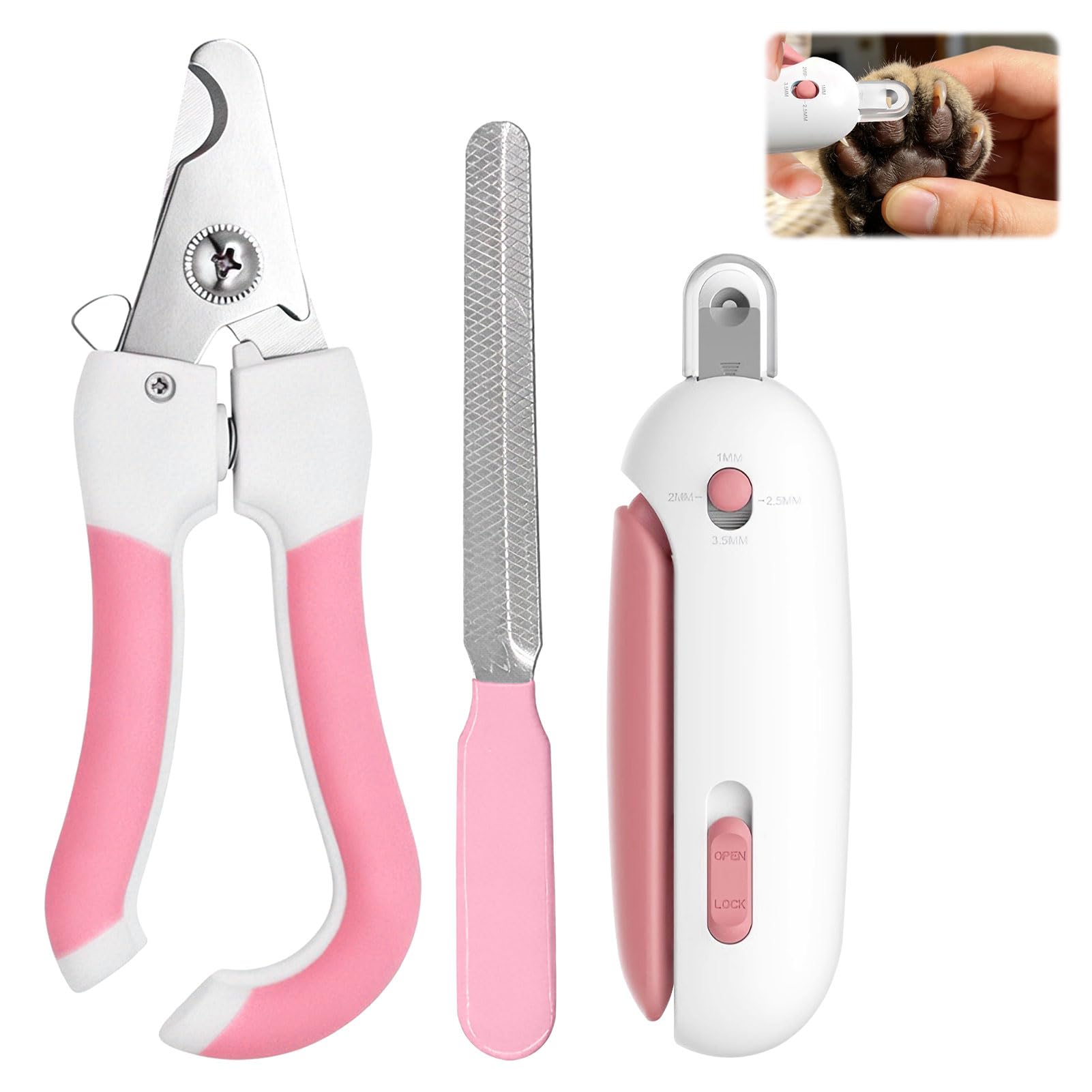 Hogulin Cat Nail Clippers Set with Adjustable 3-Size, Stainless Steel Cat Claw Clipperscat with Safety Guard, Pet Nails Trimmer and Nail File for Cats, Dog, Small Animals (Pink)