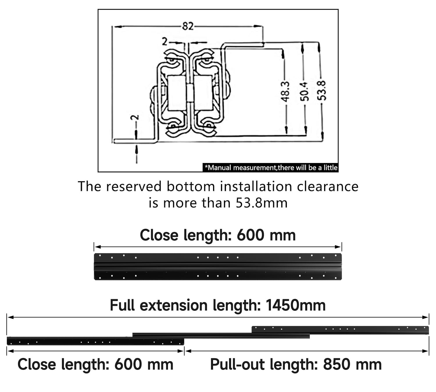 AOLISHENG Prowadnice do szuflad podłogowe, duże obciążenie, pod schodami 600-1450mm, nośność 120kg, podłogowe, wytrzymałe prowadnice do szuflad, czarne, pełne przedłużenie, łożysko kulkowe, ukryte