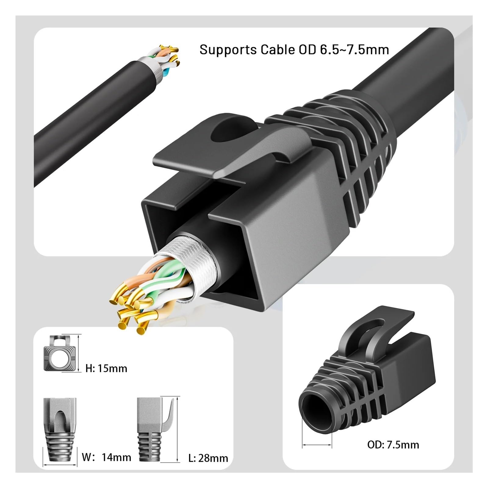 Paquete de 50 fundas de conector de cable Ethernet RJ45 Cat6A/Cat7 (7,5 mm de diámetro exterior) (blanco)