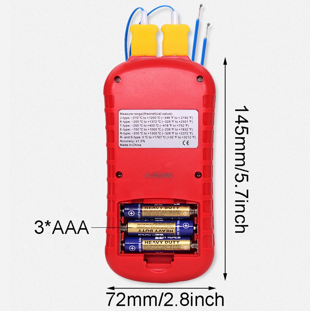 ThreeH Termometro digitale a doppio canale LCD retroilluminato con sonde termocoppia tipo K per K/J/T/E/R/S/N