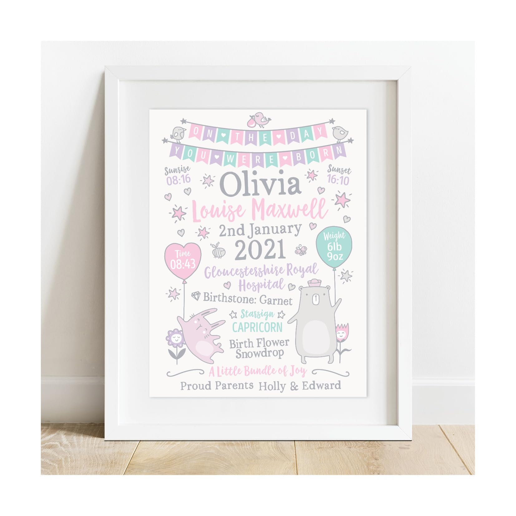 New Baby Gift | Personalised Birth Print | Newborn Poster | Christening Present | Boy Girl | 1st Birthday | Nursery Art Picture | Bunting Balloons Animals | Room Decor by Strawberry Splendour Prints