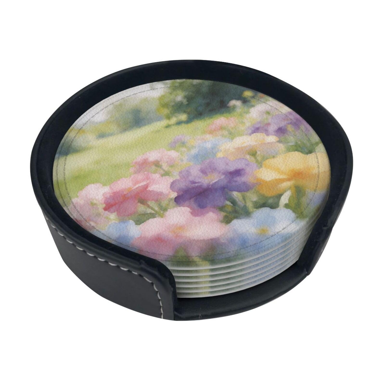 Garden Wash Leather Coasters-Set of 6 with Storage Holder