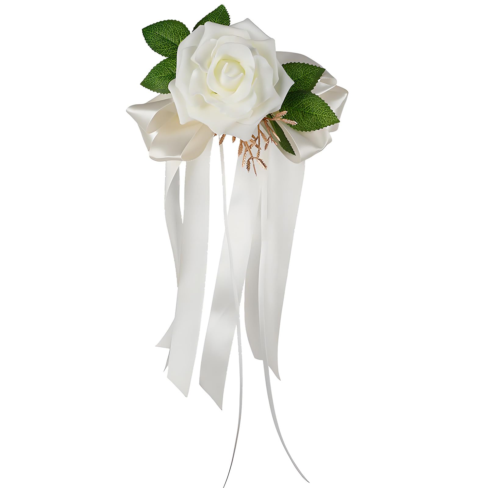Engagement Car Flower Decoration with Artificial Rose, Ribbon Tails and Faux Greenery for Ceremony and Event Styling Bridal Car Flower Decor Faux Rose Ceremony Styling Engagement Backdrop Photo Scene