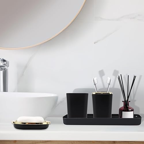 Miniatura 7 de Juego de accesorios de baño negro, juego de accesorios de baño de 9 piezas completo con basura, bandeja de tocador, dispensador de jabón, jabonera,