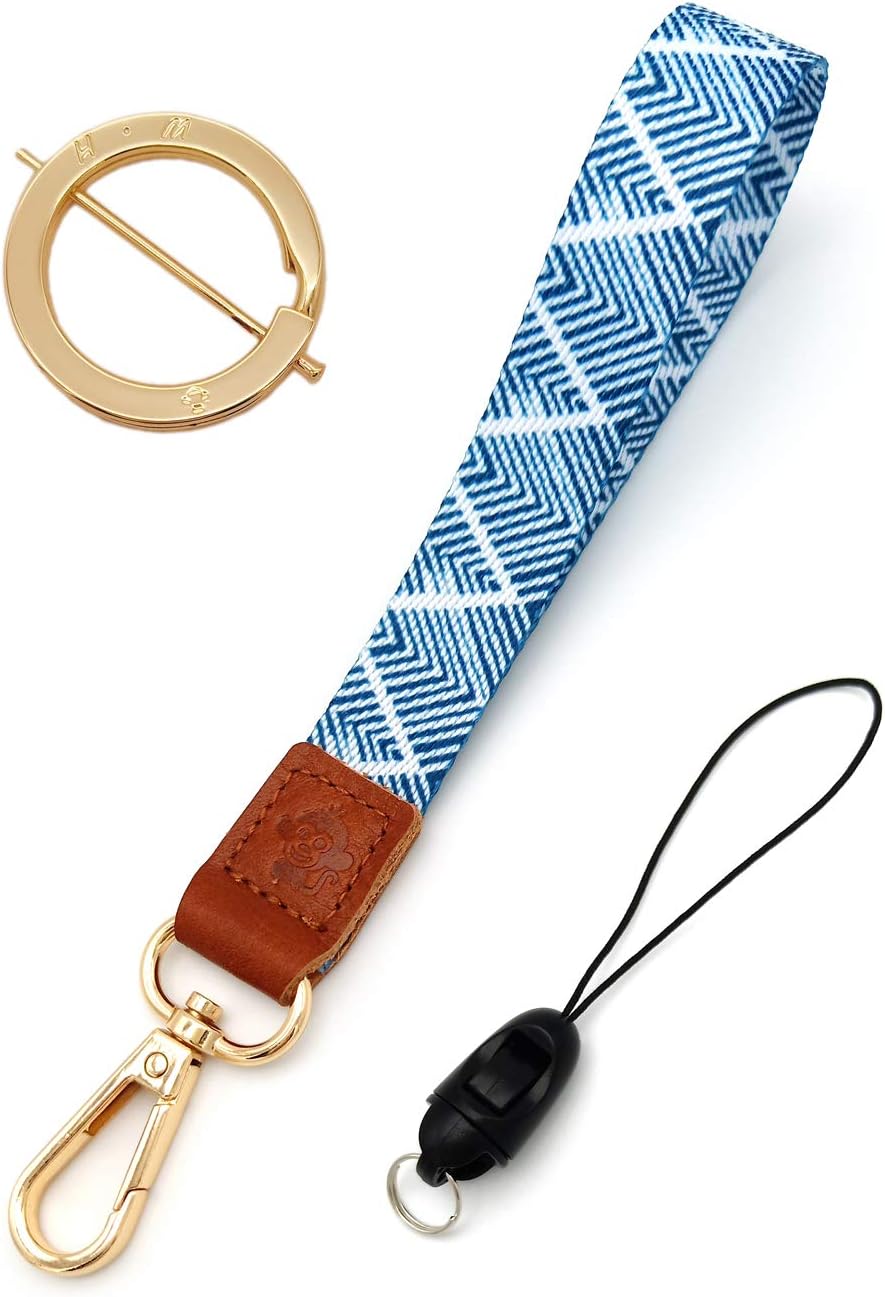 H.M Hand Wrist Lanyard for Keys Golden Series Key Chain Holder /USB Flash Drive / Mobile Phone / Wallet (White blue lines)
