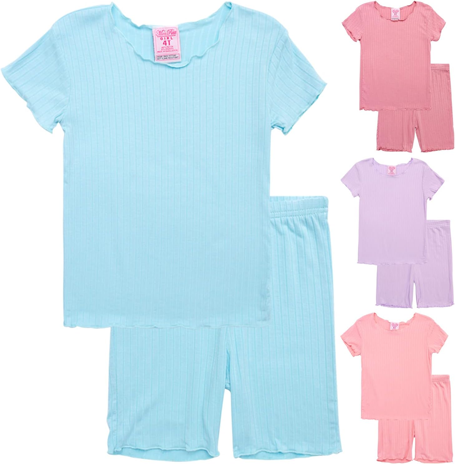Mon Petit Baby Girls' Pajama Set - 8 Piece Rib Knit Sleepwear Shirt and Pajama Shorts (12M-6X)
