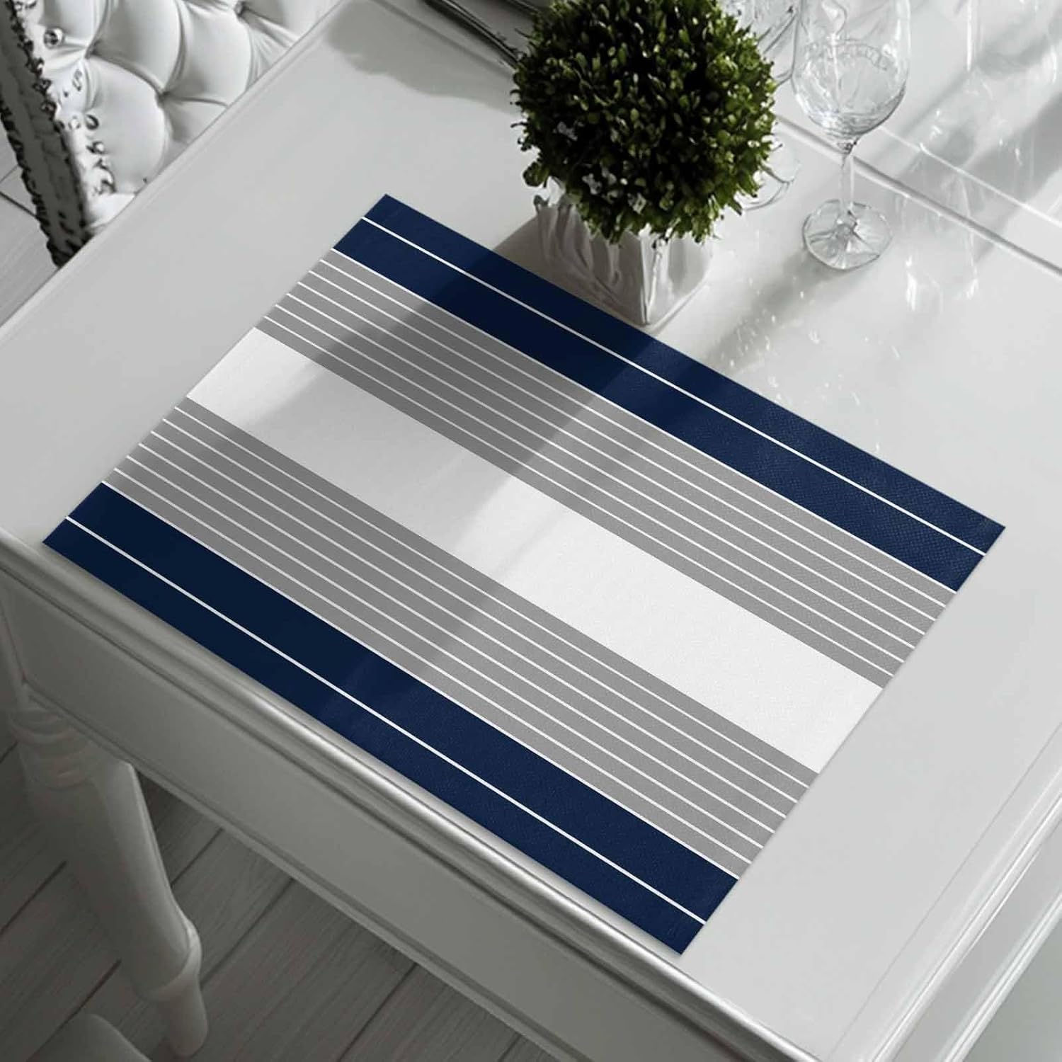 Navy Blue Gray Placemats Set of 8, Simple Stripes Theme Table Mat Place Mats for Home Party Table Decorations