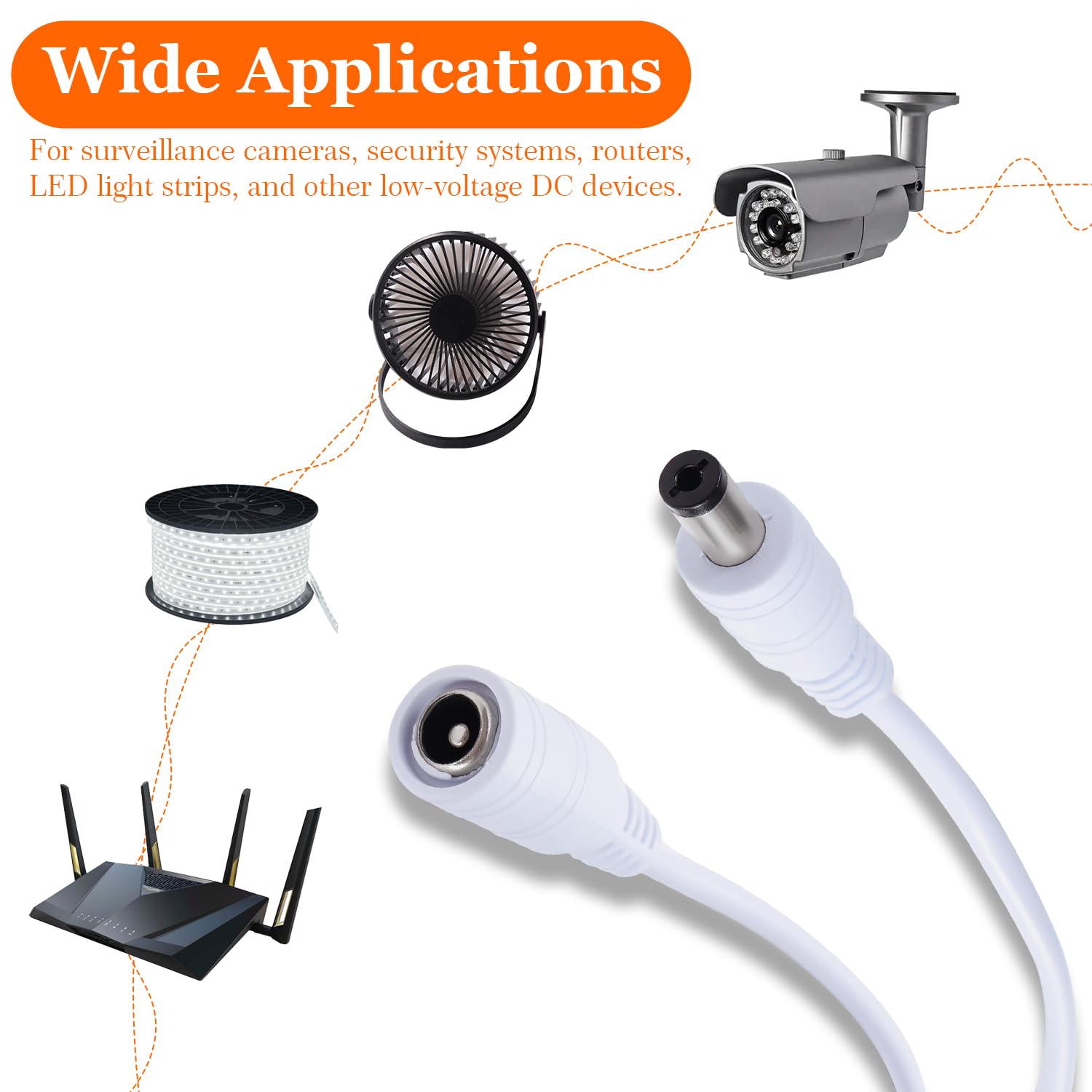 6 Sztuk 0.5m 5.5x2.1 mm 24V 12V DC Przedłużacz Kabla Zasilającego, Przewód Przedłużający do Zasilania Męski na Żeński 22AWG, do Kamer Bezpieczeństwa CCTV, Biały
