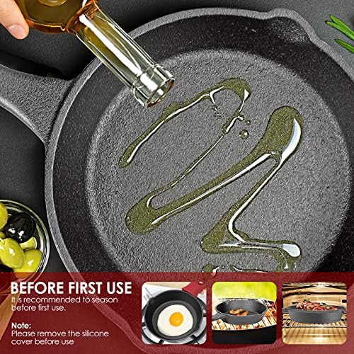 Myiosus Cast Iron Skillet Pan 15cm, Pre-Seasoned Oven Safe Skillet with Silicone Handle & Pouring Lips, Non-Stick Frying Pans for Stove, Barbecue, Campfire Cooking