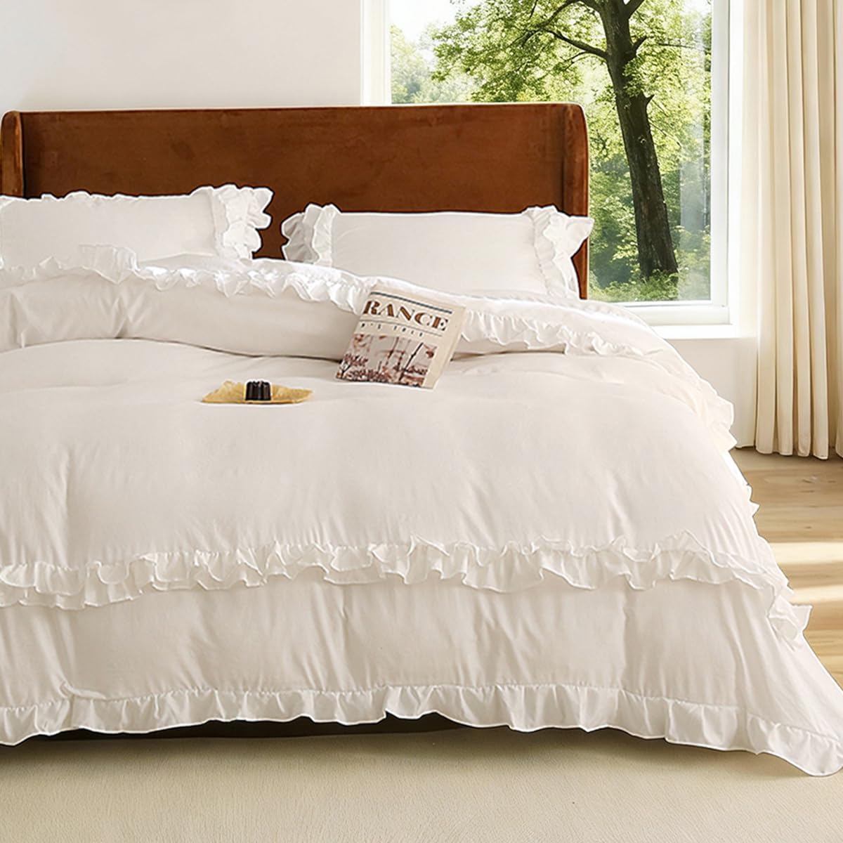 White Ruffle Duvet Cover King 3Pcs Shabby Chic Farmhouse Bedding Set Girls 100% Washed Microfiber Duvet Cover Set Boho Vintage Ruffled Bedding with 2 Pillowcases(No Comforter)