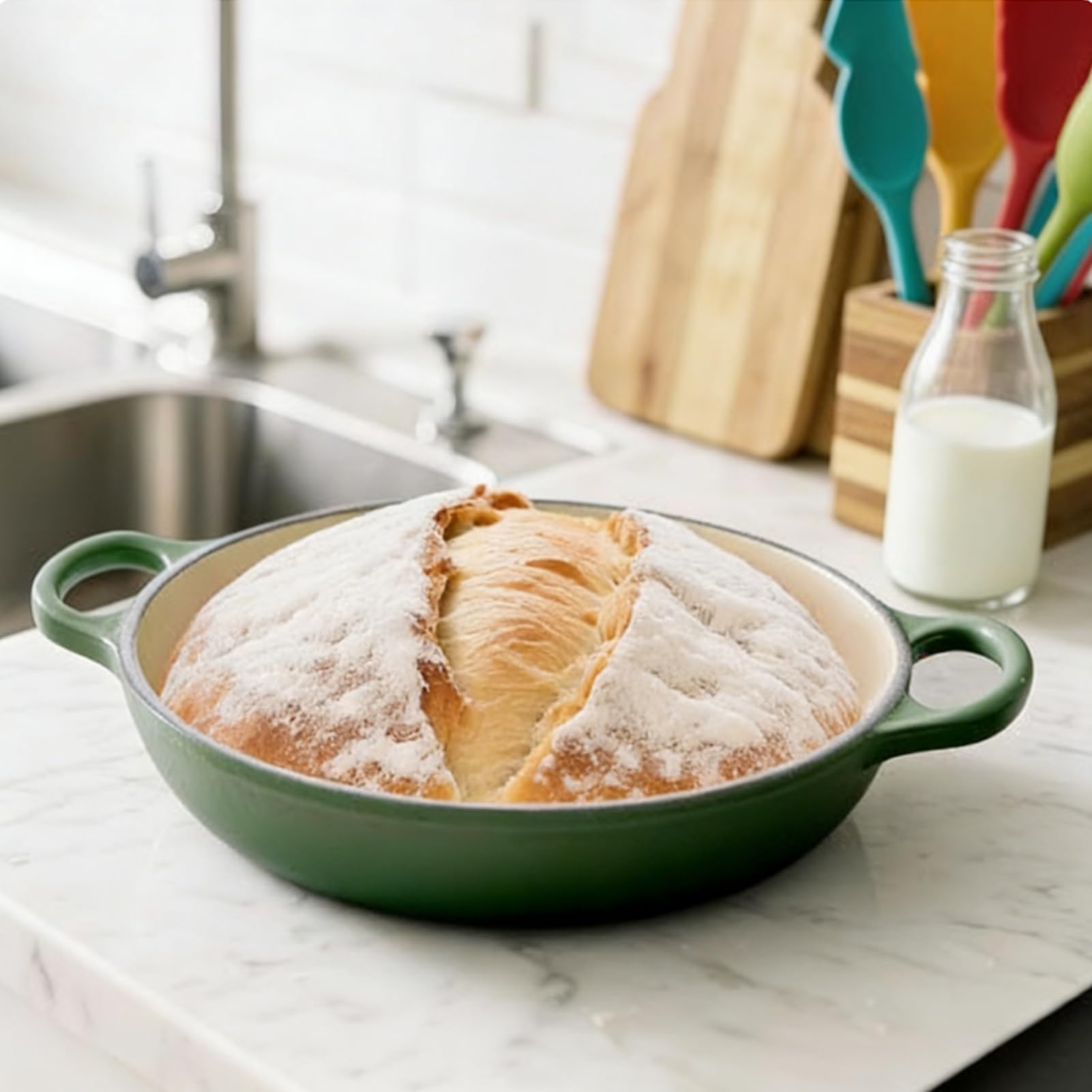 Schmortopf mit Deckel und Backutensilien, emaillierter Gusseisen-Schmortopf 26 cm/6 l, Antihaft-Emaille-Kochgeschirr zum Backen von Sauerteigbrot, Braten, Schmoren und Suppenkochen (Orange 6QT)