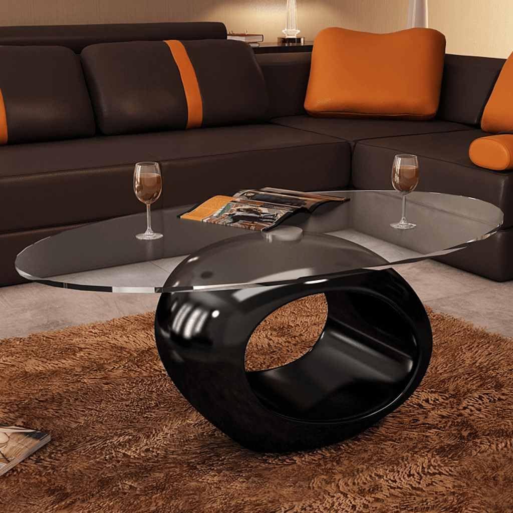 Table basse ovale en verre noir brillant 115x65x40 cm moderne pour salon