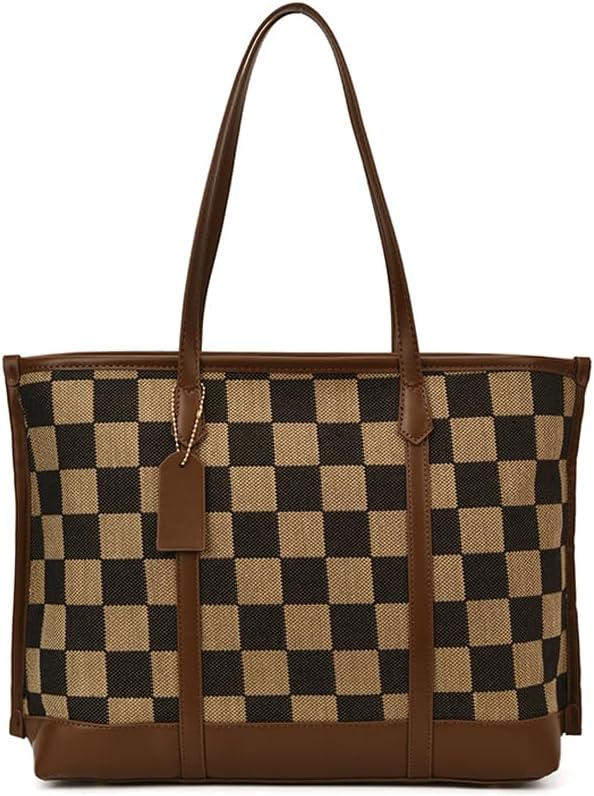 Checkered Tote Bag for Women Vintage Work Bag Fall Tote Handbag Checkered Shoulder Bag for College Work Travel