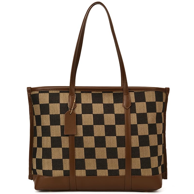 Checkered Tote Bag for Women Vintage Work Bag Fall Tote Handbag Checkered Shoulder Bag for College Work Travel