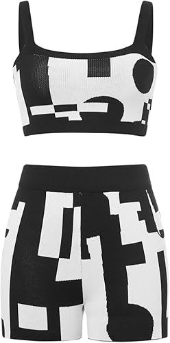 Miniatura 6 de Newbgclo Conjunto de dos piezas de punto para mujer sin mangas con estampado floral camiseta corta sin mangas de cintura alta conjuntos cortos de