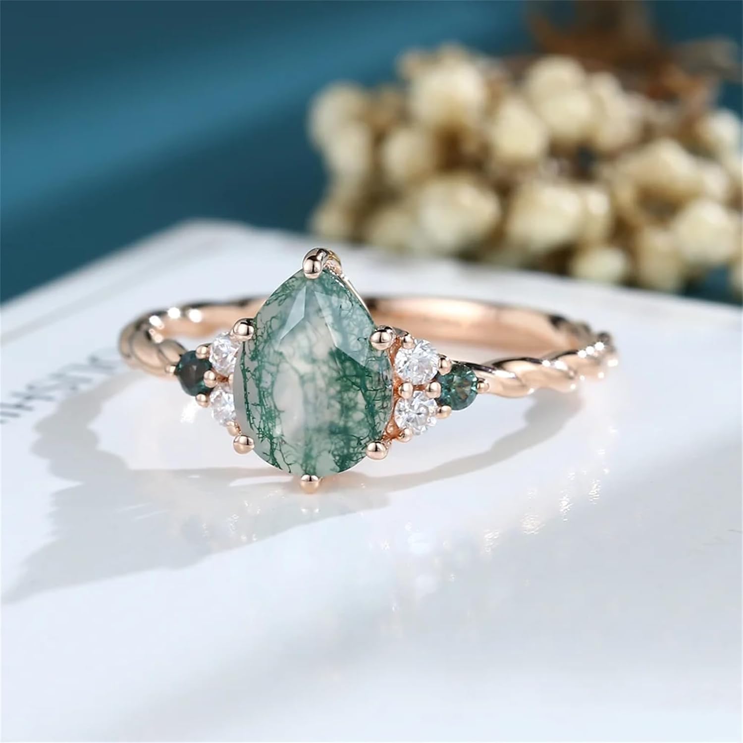Moss Agate Ring 925 Sterling Silver/10K/14K/18K Gold Pear Cut Moss Agate Engagement Rings for Women With Moissanite and Alexandrite Wedding Ring Set Free Engraving