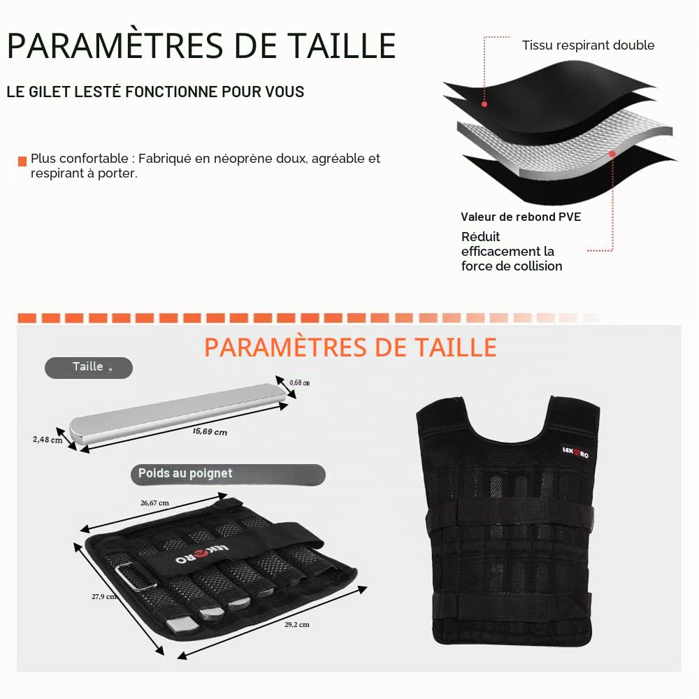 Ensemble de Gilet Lesté Réglable Avec Poids Pour Bras et Jambes - Kit d'Entraînement de Musculation, Veste, Poignet et Chevilles en Nylon (96 à 100 Plaques d'Acier)