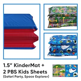 KinderMat 1.5 Thick + PBS Kids Adventure Kit - 2 Washable Covers - 47 x 22, Special Edition - Safari Party and Space Explorer - Value Bundle Great for Daycare & Family Households