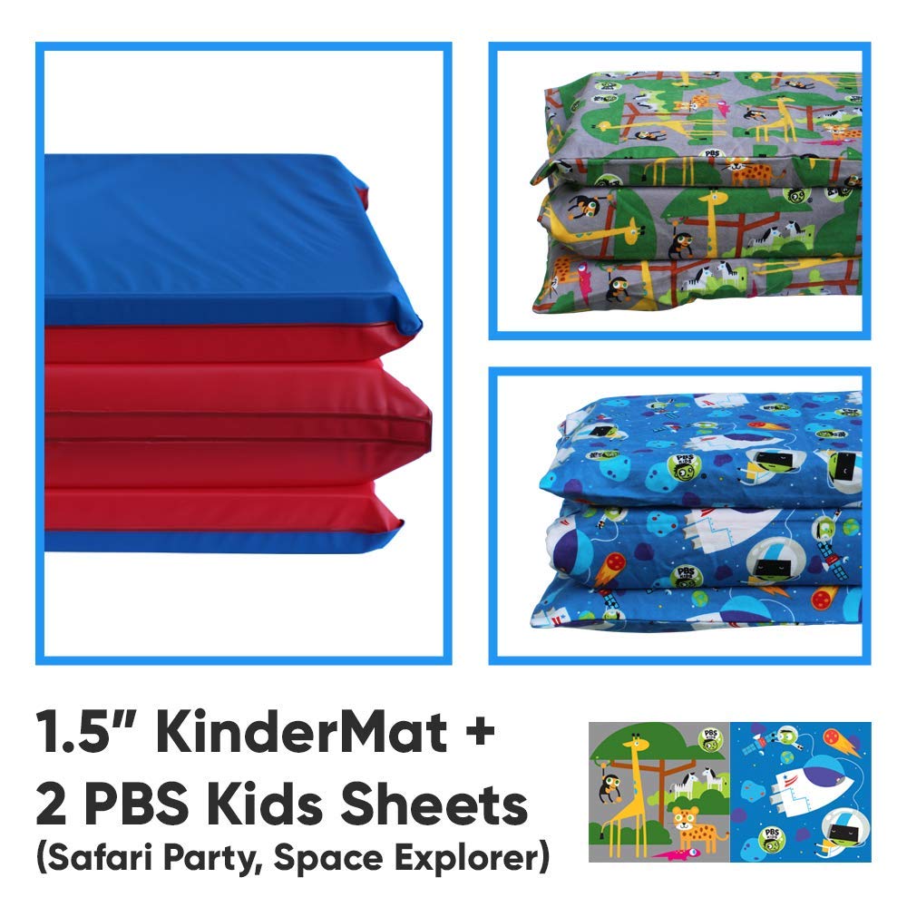 KinderMat + PBS zestaw przygodowy dla dzieci – pełna mata do drzemki i 2 nadające się do prania pokrowce – 120 x 56 cm, edycja specjalna – impreza Safari i odkrywacz kosmiczny – zestaw ekonomiczny idealny do przedszkola i gospodarstw domowych