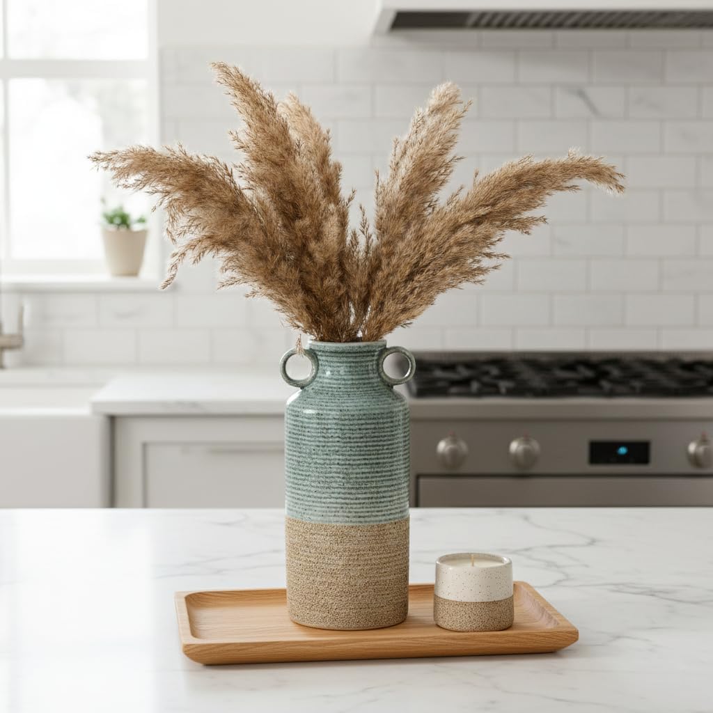 Blue and Brown Ceramic Rustic Vase with 2 Round Handles, Modern Farmhouse Flower Vase, Vintage Terracotta Vases for Home Decor, Wedding, Living Room, Table, Shelf Decor - 9.5 Inch Tall - Image 8