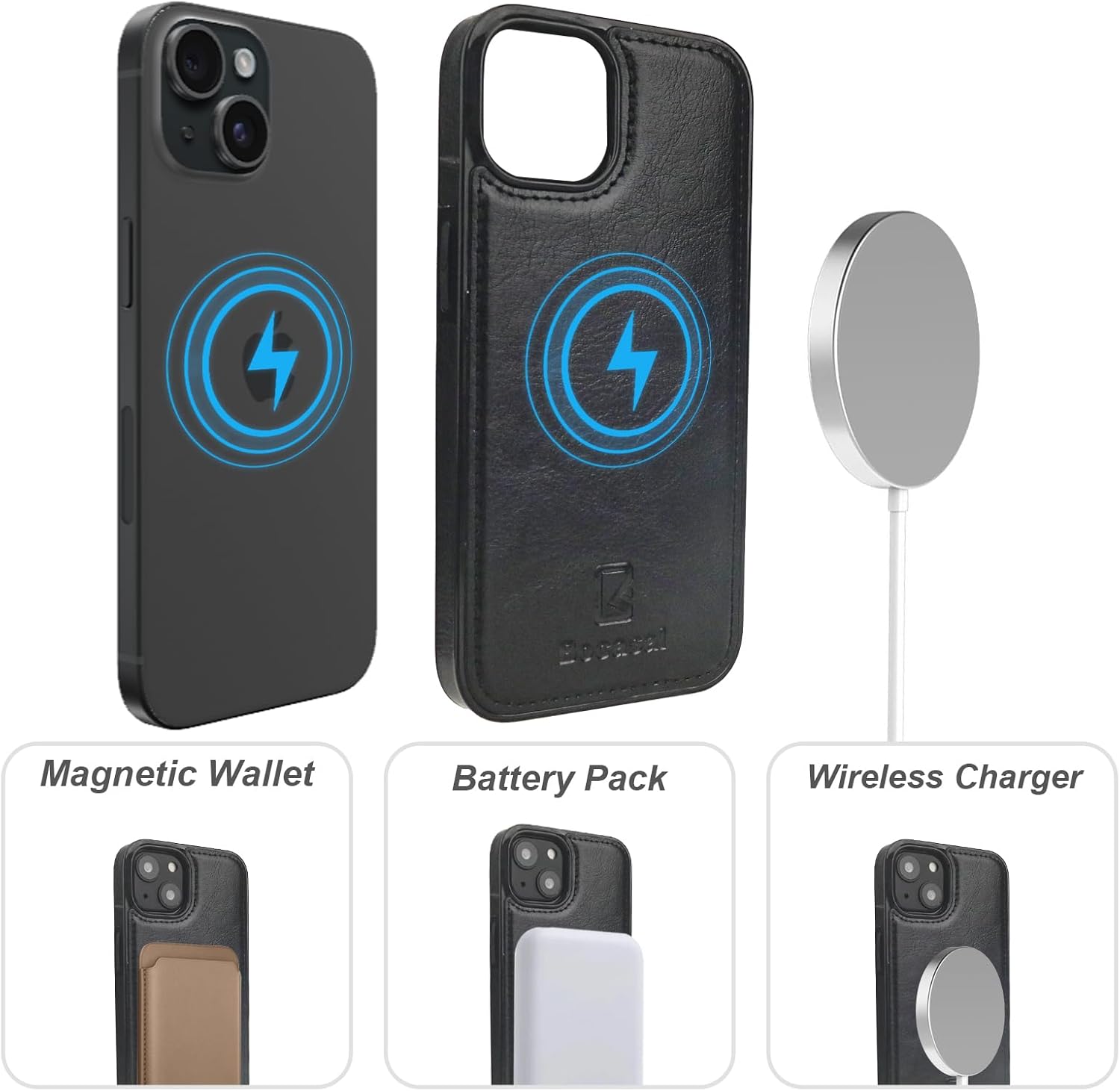 Bocasal for iPhone 15 Wallet Case Compatible with MagSafe Wireless Charging, RFID Blocking Magnetic Leather Case with Card Slots Holder Kickstand Detachable Wrist Strap 6.1 Inch (Black)
