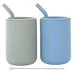WeeSprout Silicone Baby Cups With Straws and Lids, 4 & 8 oz Options, Set of 2, Food Grade Toddler Training Container, Built In Straw Stoppers, Measurement Markings, Dishwasher Safe + Straw Cleaner