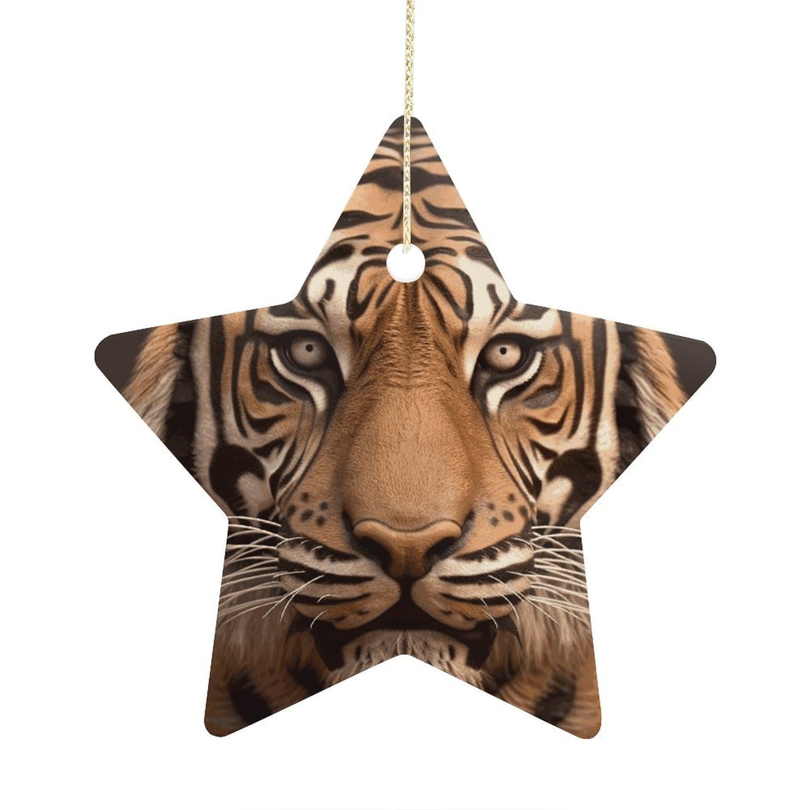 Tiger Head Stars Ornaments Ceramic Christmas Tree Hanging Light in Weight Christmas Star Pendants Funny Double-Sided Printed Xmas Ornaments for Gifts
