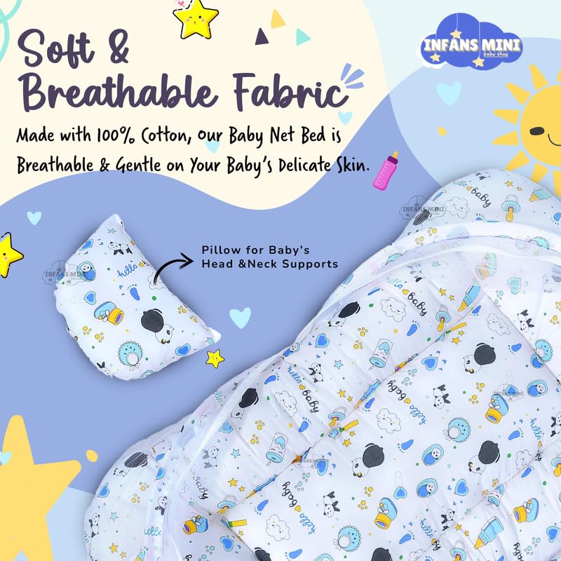 Image of Baby Bed with Mosquito and Insect Protection Net, Portable Mattress with Zip Closure & Pillow Ideal for Babies from 0-6 Months-Unisex (Panda Blue)
