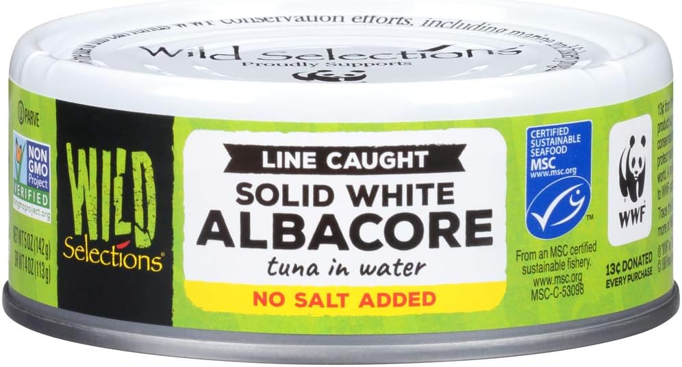Wild Selections Solid White Albacore Tuna in Water, No Salt Added, 5 oz Cans (Pack of 12) - Sustainable Wild Caught Tuna - 29g Protein per Serving - Non-GMO Project Verified, Gluten Free, Kosher, Keto