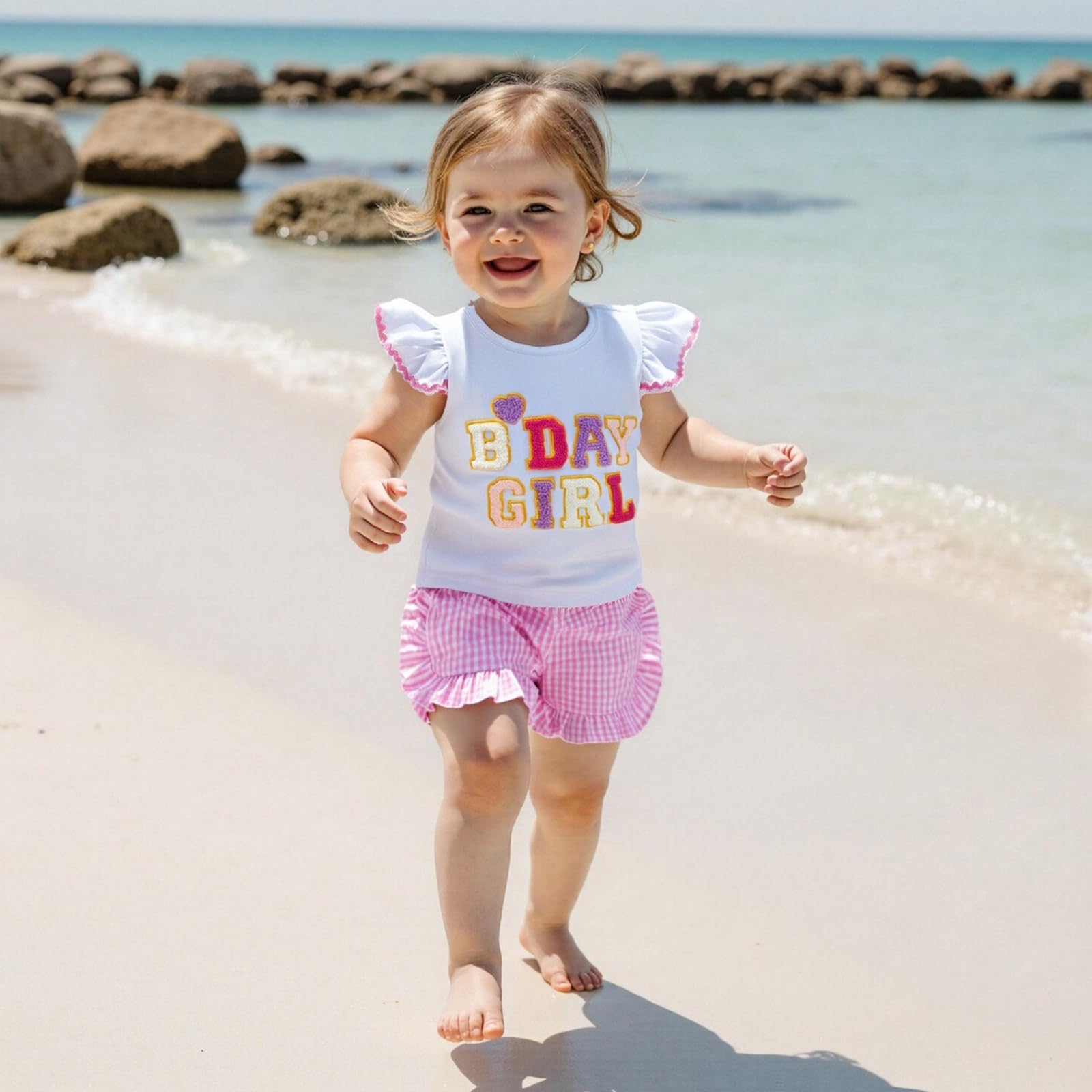 Toddler Birthday Girl Outfit Birthday Girl Letter Embroidery Flutter Sleeve Shirt Top Ruffle Plaid Short Summer Set (Pink, 12-18 Months)