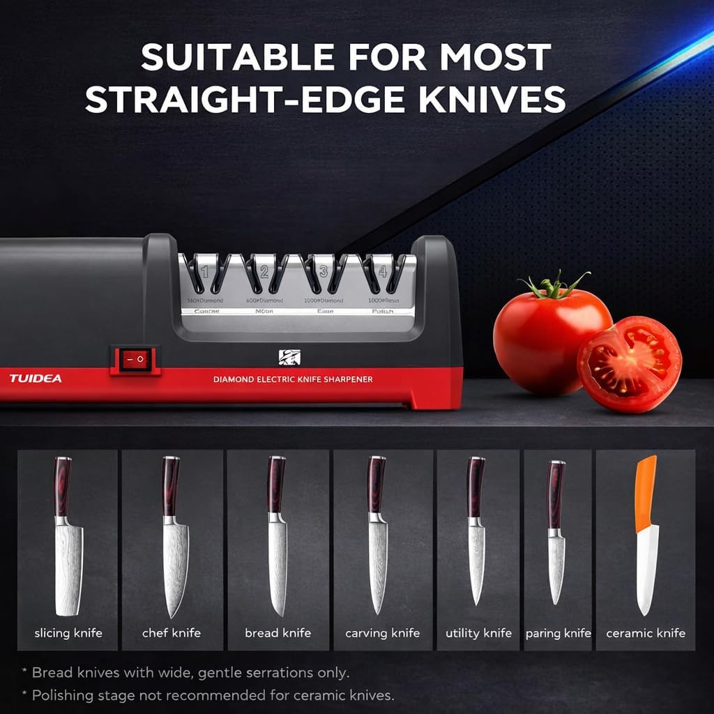 Electric Knife Sharpener, Professional Kitchen 4-Stage Knife Sharpening Kit, 3 Stage 100% Diamond Abrasive, Resin Polishing, 20° Precision Angle for Straight, Serrated Ceramic Knives