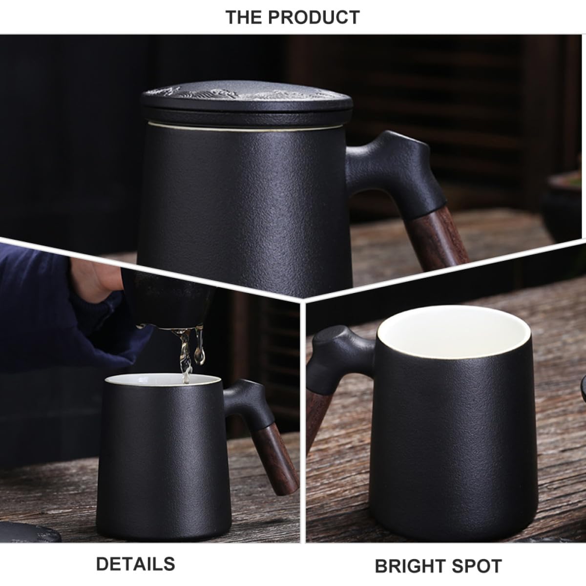 Tasse à thé en céramique avec filtre et couvercle, tasse de bureau personnelle noire pour séparation du thé, tasse à eau et à lait en porcelaine 350 ml adaptée pour l'infusion de feuilles en