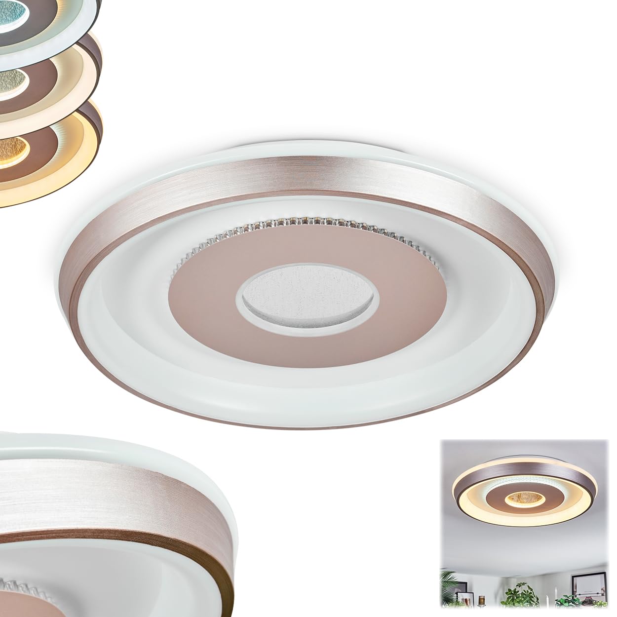 HOFSTEIN Lampa sufitowa LED Dakon, ściemniana lampa sufitowa z metalu/tworzywa sztucznego w kolorze szampańskim/białym z funkcją pamięci, regulacja CCT, ściemniana za pomocą przełącznika ściennego, 40