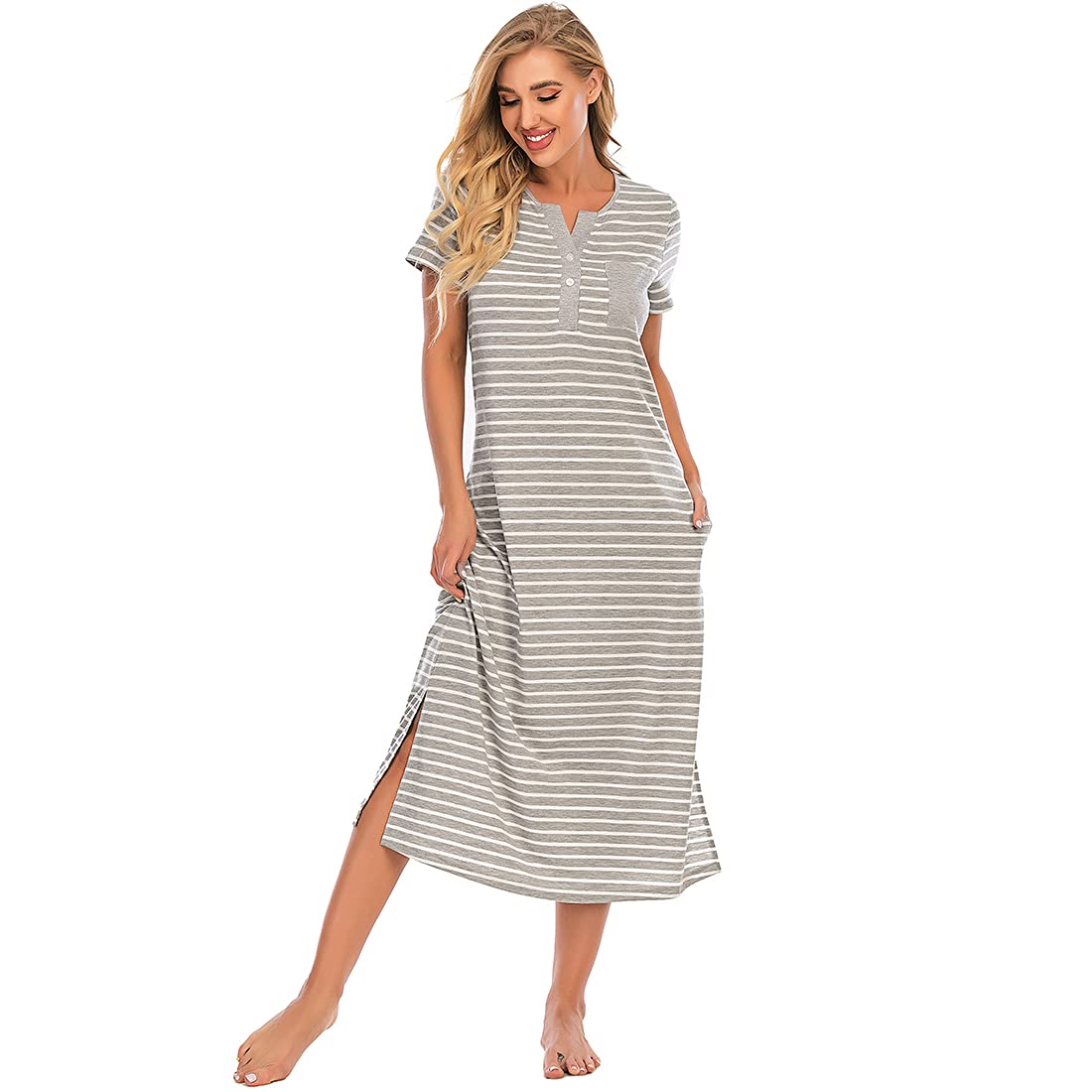 JlowesunWomen's Long Nightgown Nighties Stripes Nightdress Nightshirts Short Sleeve Soft Button Up Sleep Dress with Pockets