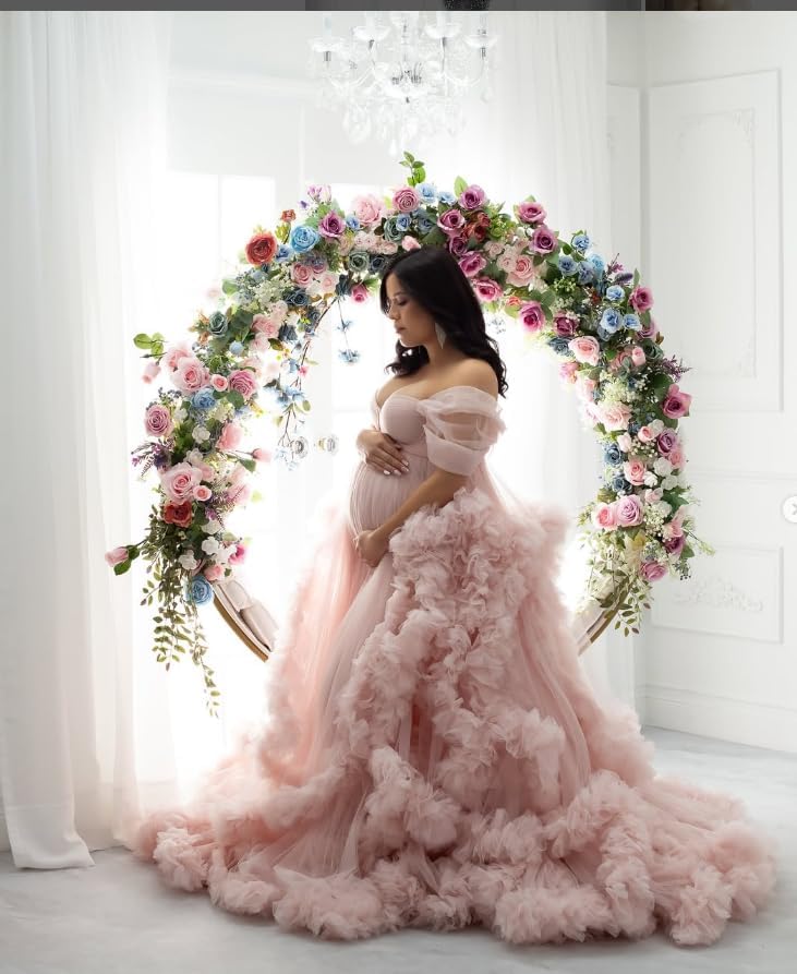 Changuan Tulle Maternity Gown for Photoshoot Ruffled Off Shoulder Babyshower Bridal Lingerie Pregnancy Dress Bathgown - Image 4