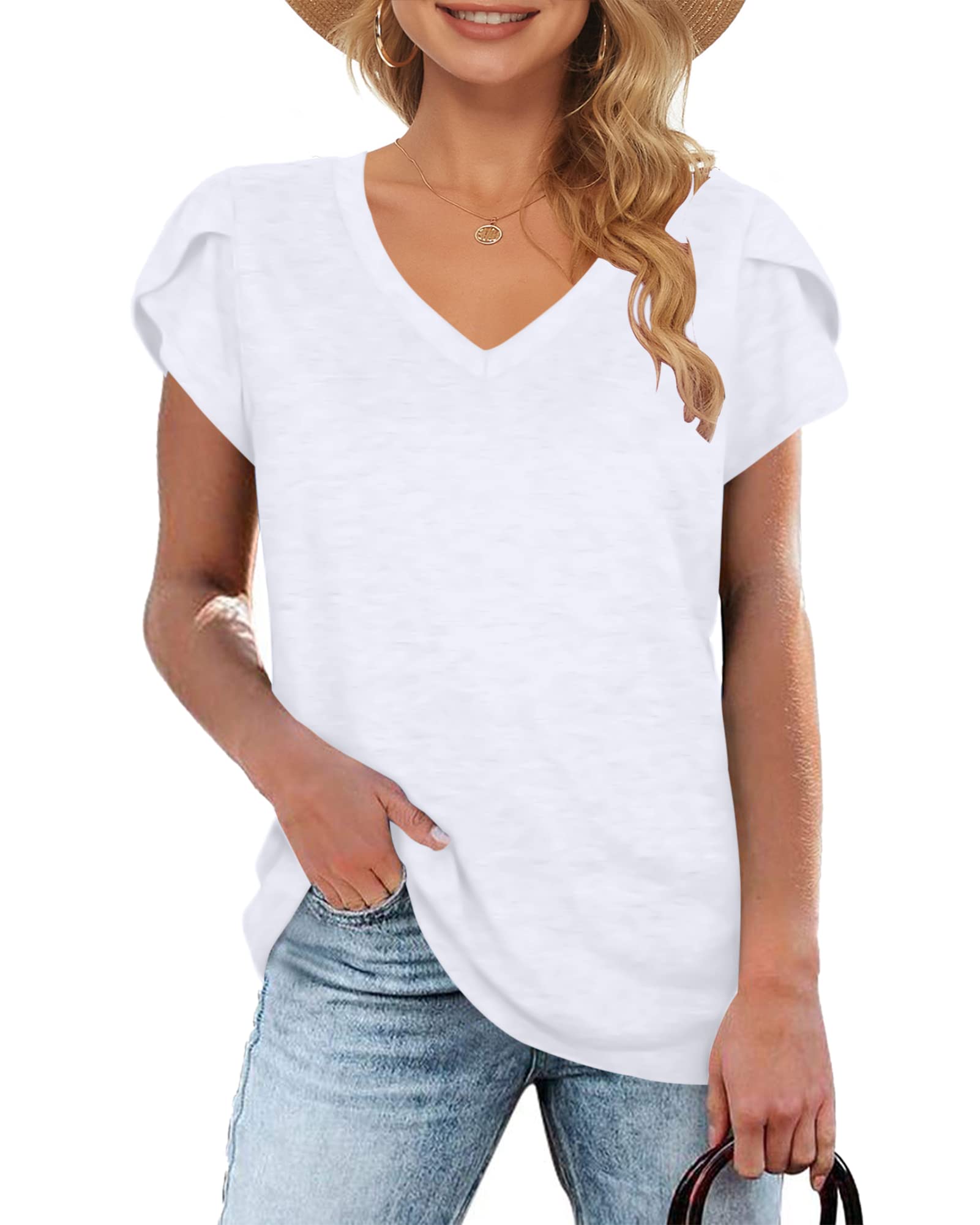 WNEEDU Mujer Camisetas Verano Básico Tops Petal Manga Corta V Cuello Camisa Casuale