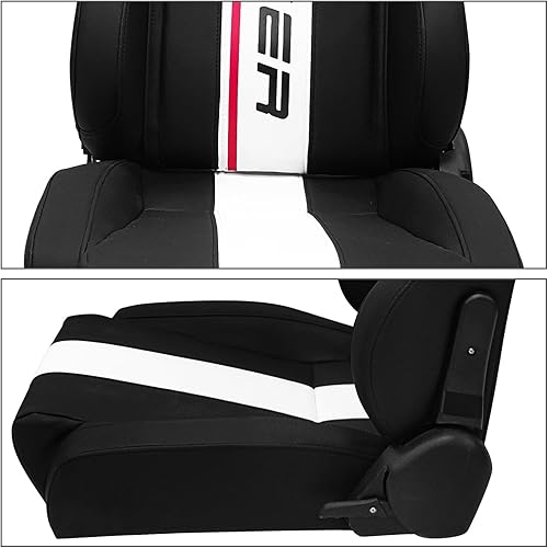 Miniatura 8 de IKON MOTORSPORTS, Asientos universales de carreras con deslizadores dobles, asientos deportivos reclinables de piel sintética negra a rayas blancas,
