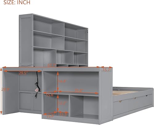 Miniatura 4 de Sofá cama de madera de tamaño matrimonial con armario y estantes todo en uno, marco multifuncional de sofá cama con escritorio convertible y 3