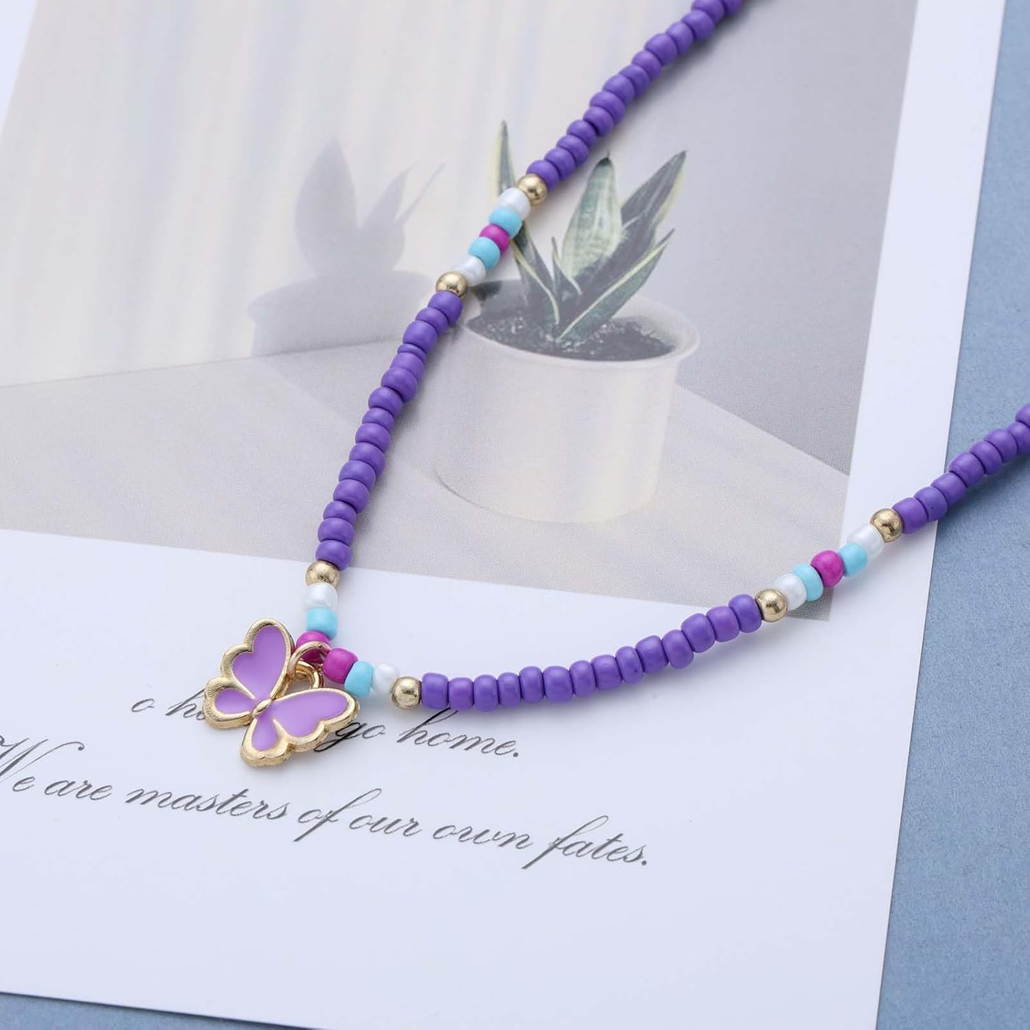 Andelaisi Boho Butterfly Pendant Necklace Vintage Purple Resin Butterfly Necklace Purple Seed Bead Choker Necklaces Adjustable Rice Beads Collar Necklaces Jewelry for Women - Image 4