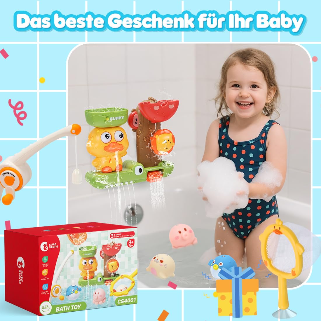 CUTE STONE Giocattoli da bagno per bambini, anatre e leoni, gioco di pesca, giocattoli galleggianti senza fori, gioco di rete da pesca d'anatra, regali per ragazzi e ragazze