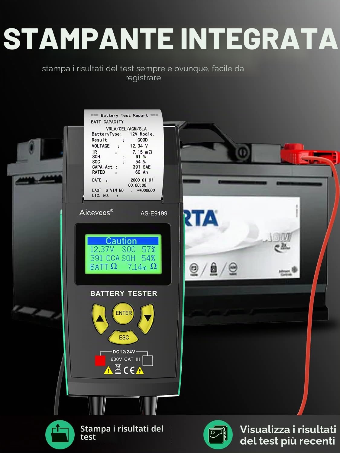 Tester Batteria Auto 12V 24V con Stampante Incorporata, Tester Alternatore 100-2000CCA, Tester Batteria Automotive Tester Carico Batteria Tester Analizzatore Batteria