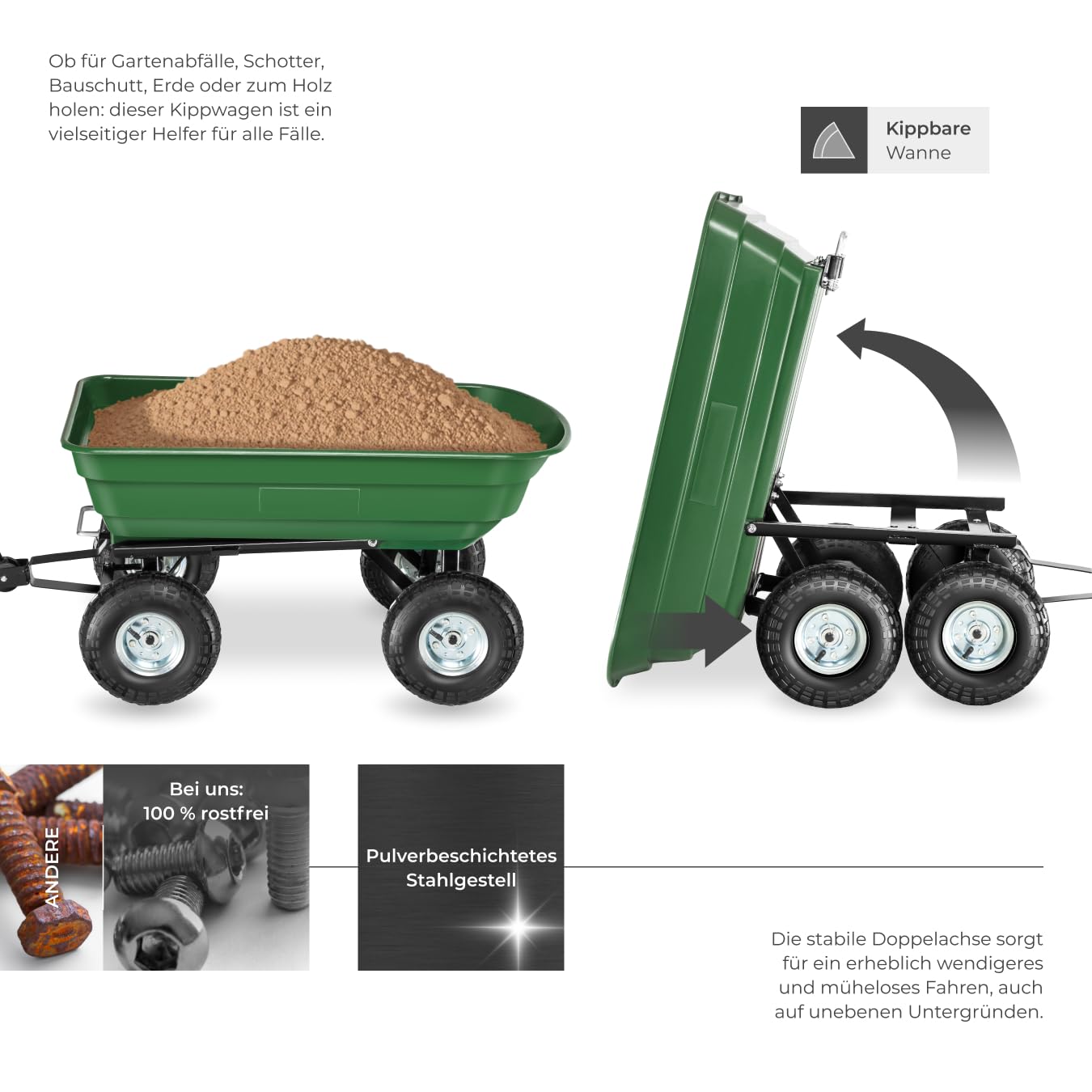 tectake® Bollerwagen, Handwagen, Transporter mit Kippfunktion, Rollwagen mit Lenkachse, Trolley, als Einkaufswagen, Bastelwagen, Transportkarre, Gartenwagen, Einkaufstrolley - Belastbarkeit 300kg