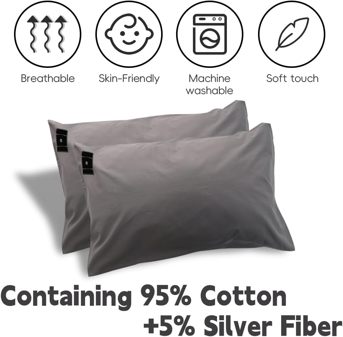 Grounding Pillowcase 2 Pack Contains Silver Fibers Cotton Grounding Pillowcase with Grounding Cord Conductive Grounding Pillow Case for Improve Sleep Relieve Pain (20x30IN, Grey)