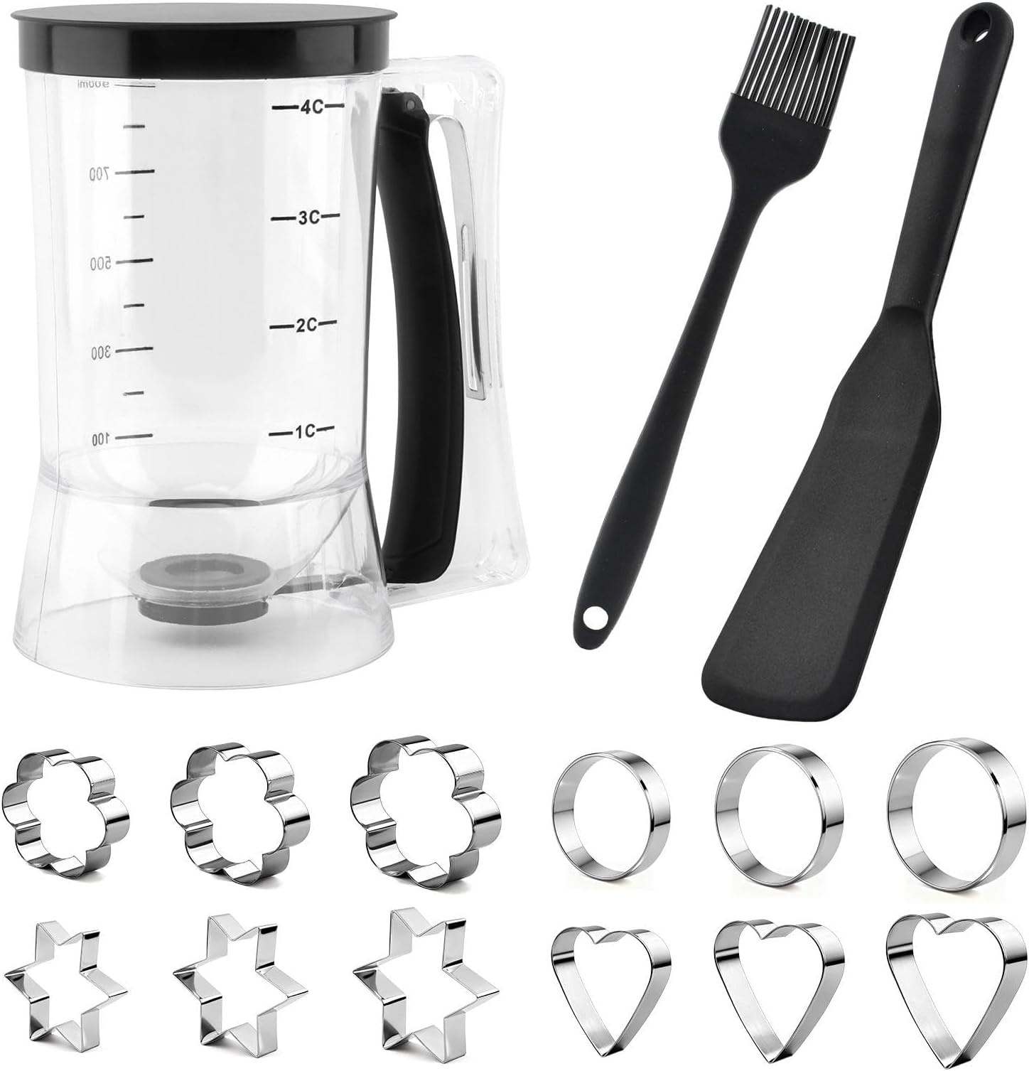 Premium Baking Tool Set, 15 Piece Kit with Batter Dispenser and Cookie Cutters, Durable Tools for Creative Pancakes, Waffles and Family Cooking, No Mess Pour