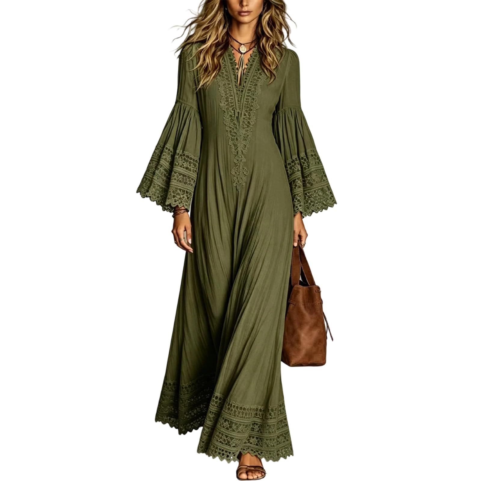Generisch Boho Maxikleid Damen Langarm Herbstkleid Damen Vintage Kleider