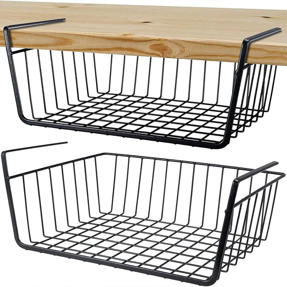 Roysmart 2 Pack Under Shelf Storage Basket, Hanging Metal Basket Wire Storage Basket for Kitchen, Office, Pantry, Bathroom, Cabinet (Black)