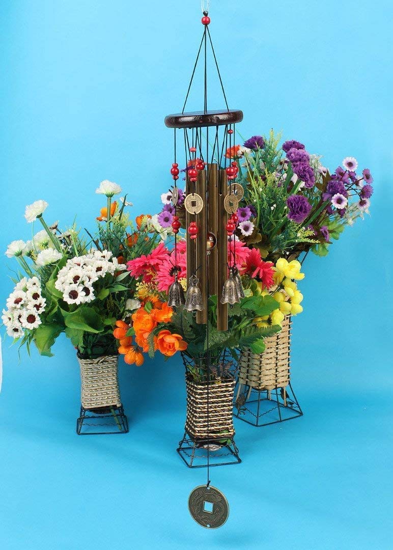 Chianrliu - Campanello a Vento, VI augura la prosperità: Incredibile Tradizionale Cinese, 4 Tubi in Bronzo, 5 Campane e Base in Legno, per Patio Esterno, Giardino e Decorazione Interna