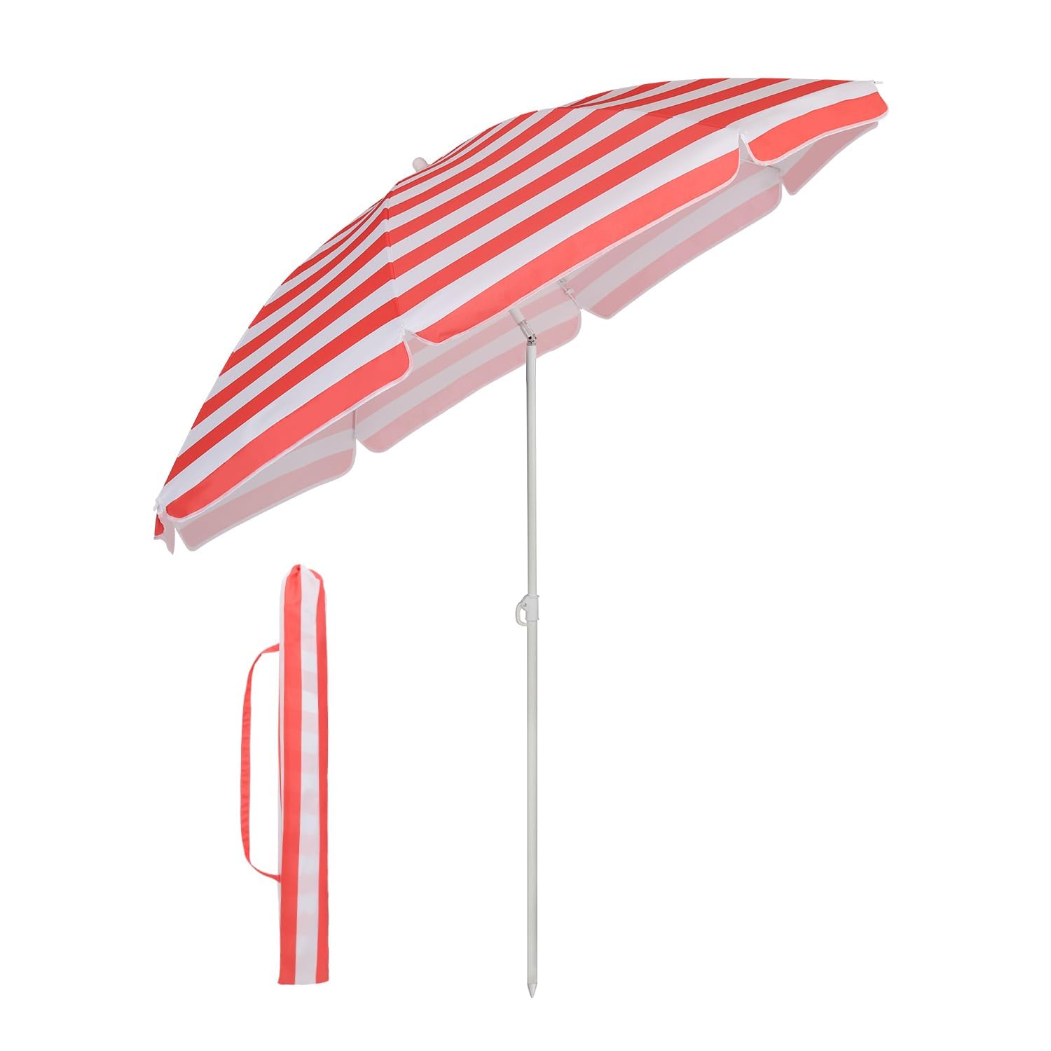 Sekey 1.6m Beach Umbrella with Cover, Portable Tilting Garden Parasol Umbrella, Small Parasol for Beach/Pool/Patio, Round Sunscreen UV20+, Red and White